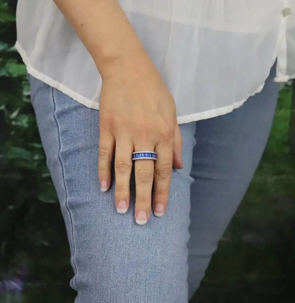 Sterling Silver Sparkly Lab Created Blue Sapphire and CZ Band Ring Size 6